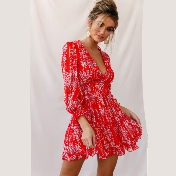 LANEY CUTOUT BACK RUFFLE DETAIL FLORAL DRESS RED New - Picture 2 of 12